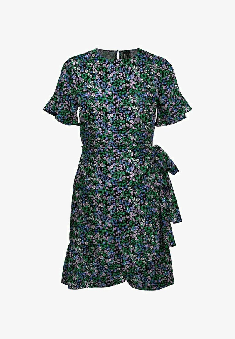 Robe courte à fleurs avec de petites fleurs vertes, violettes et bleues, manches courtes flottantes, encolure ronde et détail d'attache latérale.