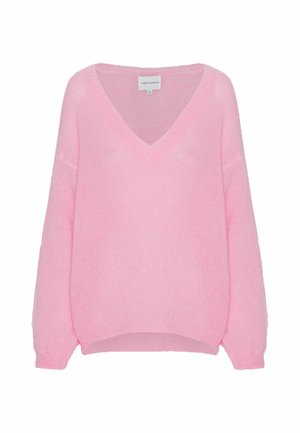 Pull rose pâle à manches longues avec col en V et bords-côtes aux poignets et à l'ourlet, présenté sur fond blanc.