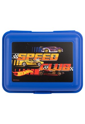 Scatola di plastica blu per immagazzinaggio con coperchio nero, caratterizzata dal testo "SPEED CLUB" e tre grafiche di auto da corsa colorate.