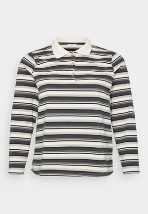 Camisola de manga longa com um padrão de riscas em preto e branco, com um colarinho branco em contraste e três detalhes decorativos em forma de botão.