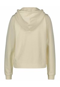 Felpa beige con cappuccio, maniche lunghe, polsini e orlo a costine, vista da dietro su uno sfondo bianco.