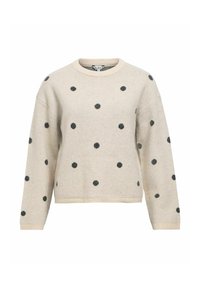 Beige knitted sweater with long sleeves, crew neck, and scattered dark gray polka dots on front, sleeves, and shoulders.