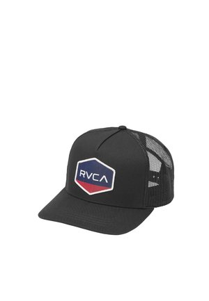 Zwart mesh truckerpet met gebogen klep en zeshoekige RVCA-logo patch in blauw, wit en rood op het voorpaneel.