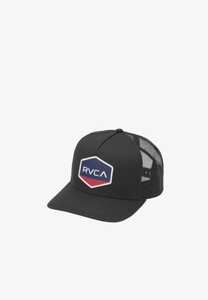 Czarna siateczkowa czapka trucker z zakrzywionym daszkiem i sześciokątną naszywką z logo RVCA w kolorach niebieskim, białym i czerwonym na przednim panelu.