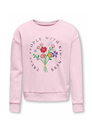 Lyserød langærmet sweatshirt med flerfarvede broderede blomster og den cirkulære tekst "TREAT PEOPLE WITH KINDNESS" på forsiden.