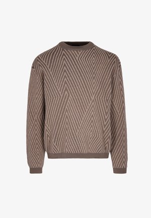 Maglione marrone con un motivo geometrico che presenta spessori e forme di linea variabili. Collo e polsini a coste aggiunti per texture.