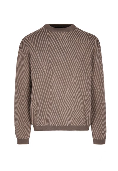 Maglione marrone con un motivo geometrico che presenta spessori e forme di linea variabili. Collo e polsini a coste aggiunti per texture.