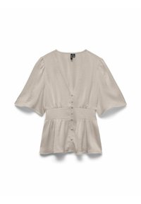 Lys beige bluse med dyp V-utringning, korte puffede ermer, innsvingt midje med knappedetaljer og en vid bunn. Myk, glatt tekstur.
