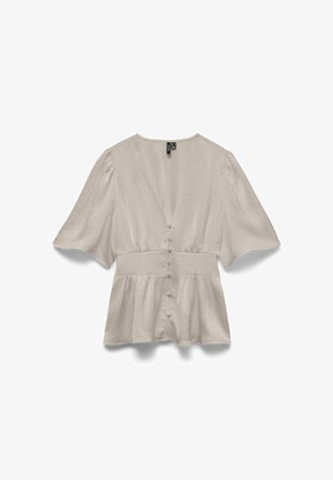 Jasnobeżowa bluzka z głębokim dekoltem w kształcie litery V, krótkimi bufkami, dopasowaną talią z ozdobnymi guzikami oraz rozkloszowanym dołem. Miękka, gładka faktura.