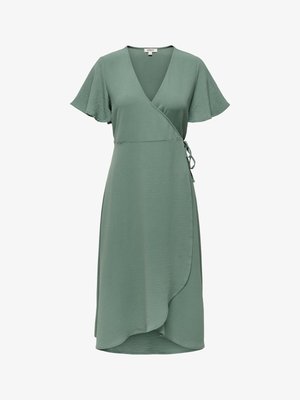 Salvei roheline rüü, millel on lühikesed lehvivate varrukatega, V-kaelus, küljetikand ja asümmeetriline ääreosa.