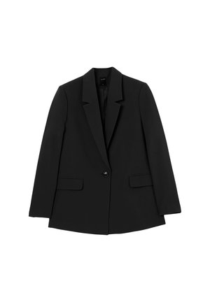 Schwarze Blazer mit Reverskragen, einfacher Knopfverschluss, zwei Fronttaschen und langen Ärmeln; aus glattem Stoff mit taillierter Passform.