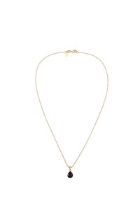 Guldtonet kædehalssmykke med en fin tekstur, der har en dråbeformet sort edelstenskæde. Lukkes sikkert bagpå.