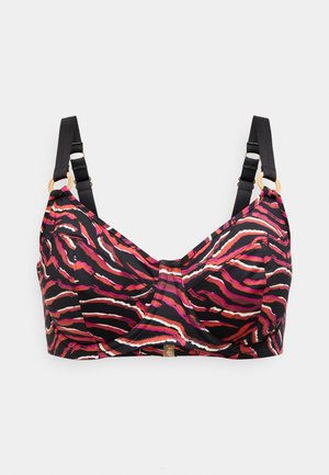 Ένα πολύχρωμο τοπ μπικίνι με μαύρη βάση, ροζ και λευκές αφηρημένες ρίγες, ρυθμιζόμενους ιμάντες και χρυσές λεπτομέρειες.