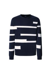 Maglione in maglia blu navy con strisce bianche irregolari, colletto rotondo e polsini a coste. Tessuto morbido con vestibilità aderente e elementi di design geometrici.