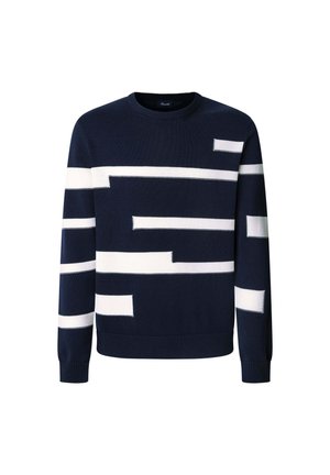 Navy knit sweater featuring irregular white stripes, round neck, and ribbed cuffs. Soft texture with a snug fit and geometric design elements.