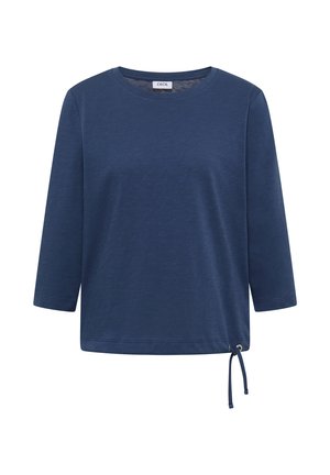 Chemise à manches longues bleu marine avec encolure ronde et cordon de serrage réglable à l'ourlet inférieur droit.