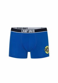 Boxer shorts blu in cotone con una vita nera che presenta la scritta bianca "CAMP DAVID" e un patch logo giallo e nero sui lati.