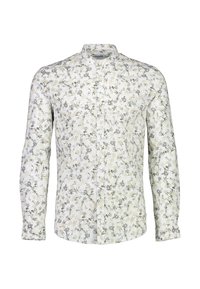 Koszula z długim rękawem z białej tkaniny z kwiatowym wzorem w odcieniach zieleni i kremu, z klasycznym kołnierzykiem i zapinana na guziki z przodu.