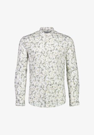 Camicia a maniche lunghe in tessuto bianco con motivo floreale verde e crema, con colletto classico e davanti con bottoni.