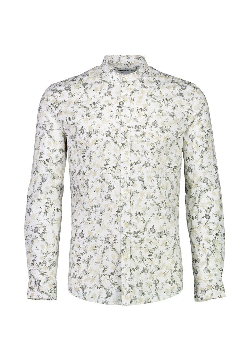 Koszula z długim rękawem z białej tkaniny z kwiatowym wzorem w odcieniach zieleni i kremu, z klasycznym kołnierzykiem i zapinana na guziki z przodu.