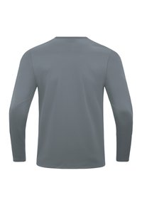 Camicia a maniche lunghe grigio chiaro, con tessuto testurizzato e scollo rotondo. Superficie liscia con maniche aderenti e senza loghi visibili.