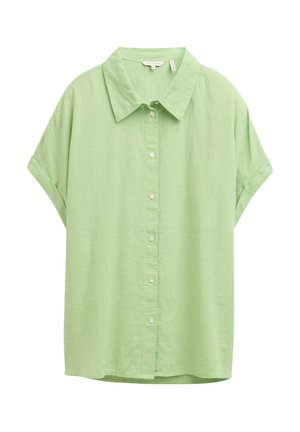 Chemise à manches courtes, boutonnée, en tissu vert clair. Caractérisée par un col classique, une coupe décontractée et une texture lisse.