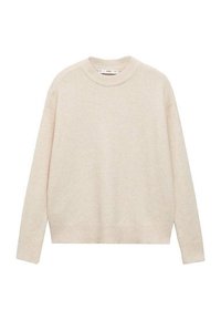 Maglione di colore crema lavorato a maglia con scollatura rotonda, maniche lunghe e orlo a coste. Tessuto morbido e vestibilità rilassata. Design minimalista senza motivi.