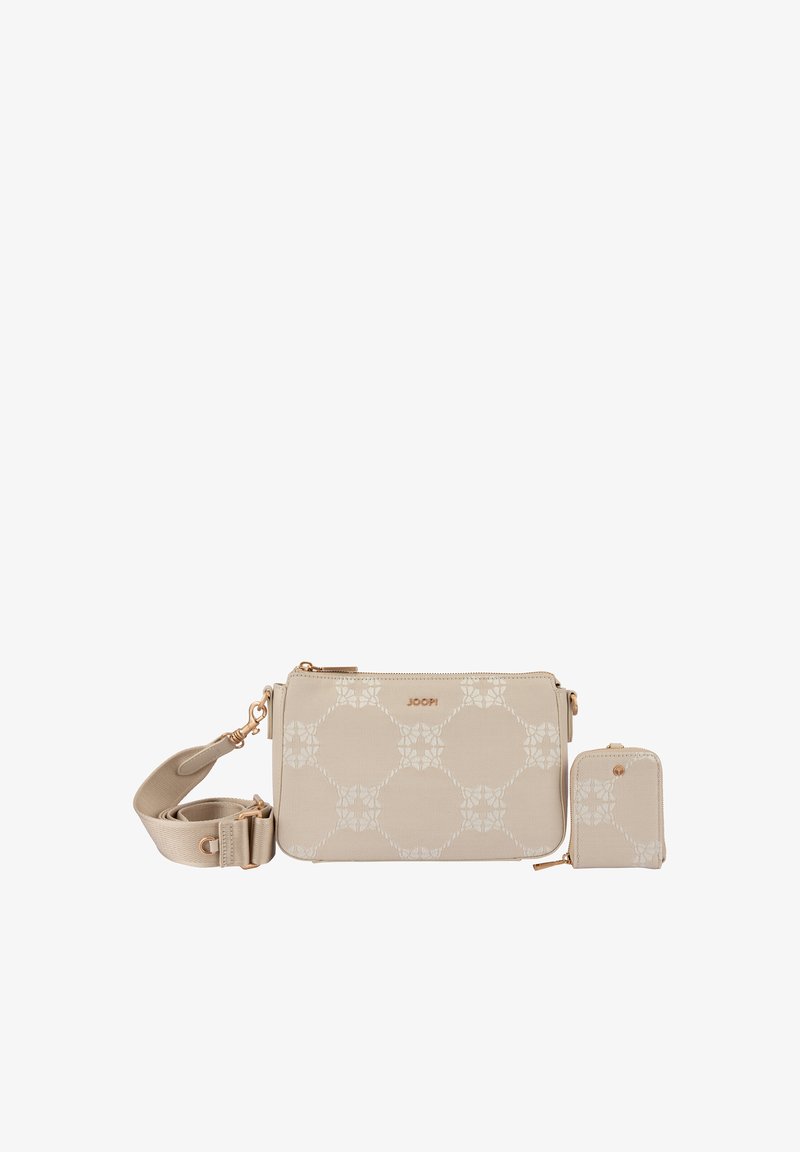 Sac bandoulière beige et mini pochette avec motif géométrique, ferrures dorées et bandoulière réglable, marqués "JOOP !" à l'avant.