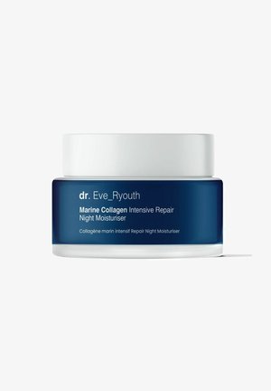 Ciemnoniebieski szklany słoik z białą nakrętką, oznaczony napisem "dr. Eve_Ryouth Marine Collagen Intensive Repair Night Moisturiser" w białym kolorze.
