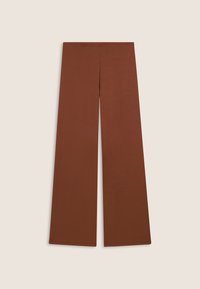 Pantaloni larghi marroni realizzati in un tessuto morbido, con vita alta e una texture liscia, adatti per un abbigliamento casual. Nessun motivo o accento visibile.