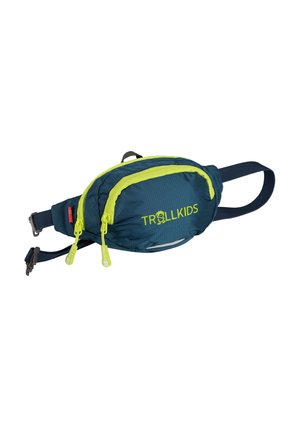 Dark blue children’s waist bag with lime green zippers and "TROLLKIDS" logo on front, adjustable strap, and side buckle.