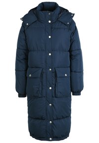 Navy blue puffer coat with a high collar, snap buttons, two front pockets, and elastic cuffs, featuring a long, insulated design.