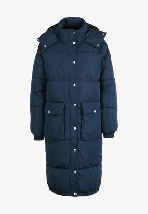 Navy blue puffer coat with a high collar, snap buttons, two front pockets, and elastic cuffs, featuring a long, insulated design.