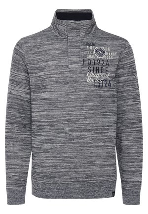 Gray marled pullover sweatshirt with a half-zip collar. Features textured fabric, stitched accents, and printed text on the chest.