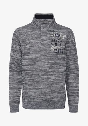 Gray marled pullover sweatshirt with a half-zip collar. Features textured fabric, stitched accents, and printed text on the chest.