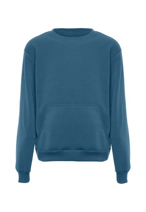 Blauw sweatshirt met lange mouwen, geribde ronde hals, boorden, zoom en een kangoeroezak aan de voorkant.