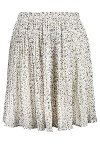 Gonna plissettata floreale con sfondo beige chiaro, decorata con piccoli fiori blu e gialli, cintura elastica e una silhouette fluida.