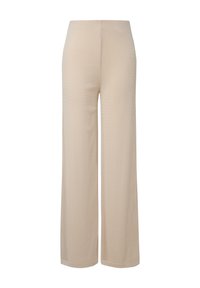 Pantalon large beige à taille haute et texture lisse, présenté sur un fond blanc uni.
