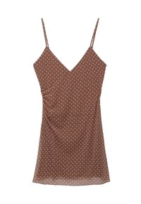 Braunes Kleid mit Polka-Dots, dünnen Trägern, V-Ausschnitt, seitlichen Raffungen und leichtem Stoff. Die Punkte in cremiger Farbe sorgen für einen Kontrast.