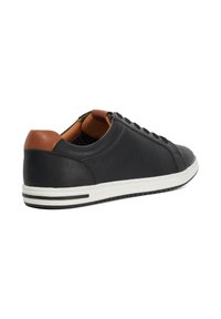 Black synthetic shoe with a smooth finish, brown leather accent at the heel, white sole, and textured sides. Features lace-up design.