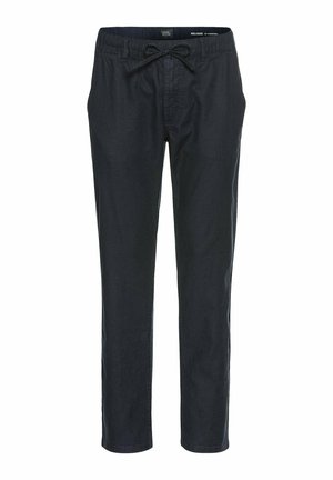 Mørkeblå bukser lavet af letvægtsstof, med en elastisk talje og snor, lige ben-design og ingen synlige lommer.