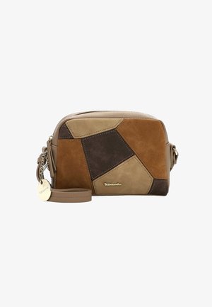 Rektangulær håndtaske lavet af multicolor suede med geometriske lapper i brun, tan og beige. Inkluderer en aftagelig rem og logo accent.