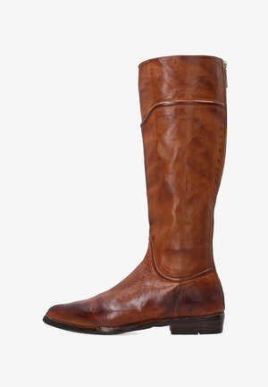 Braune Lederstiefel bis zum Knie mit einer leicht spitz zulaufenden Zehe, glatter Oberfläche, subtilen Falten und einem seitlichen Reißverschluss zum Verschließen.