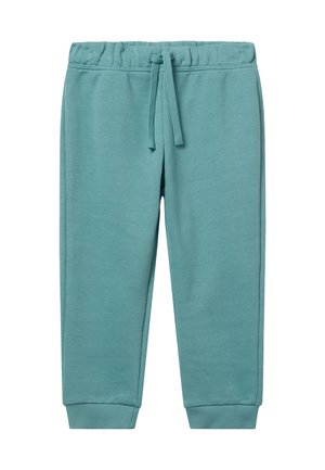 Pantaloni della tuta turchesi realizzati in tessuto morbido, dotati di una vita elastica con cordino e polsini a costine alle caviglie.