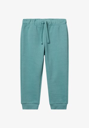 Turquoise sweatpants gemaakt van zacht materiaal, met een elastische tailleband en een trekkoord, en ribbels bij de enkels.