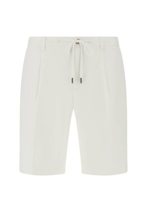 Pantalones cortos blancos con cintura ajustable, con un diseño limpio, frente plisado y textura suave. Sin bolsillos visibles ni patrones.