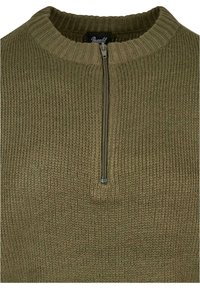 Pull tricoté vert olive avec col ras du cou côtelé et petit zip au centre devant, présentant un motif de tricot finement texturé.