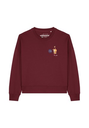 Bordeaux sweatshirt met lange mouwen, voorzien van een cartoonafbeelding aan de linkerkant en geribbelde manchetten en onderkant. Gemaakt van zachte stof.