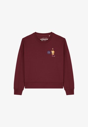 Bordeaux sweatshirt met lange mouwen, voorzien van een cartoonafbeelding aan de linkerkant en geribbelde manchetten en onderkant. Gemaakt van zachte stof.