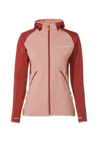 Leichte, enganliegende Jacke in Pink und Burgunderrot mit einem durchgehenden Reißverschluss, verstellbarem Kapuze und kontrastierenden Akzenten. Verfügt über zwei seitliche Taschen.